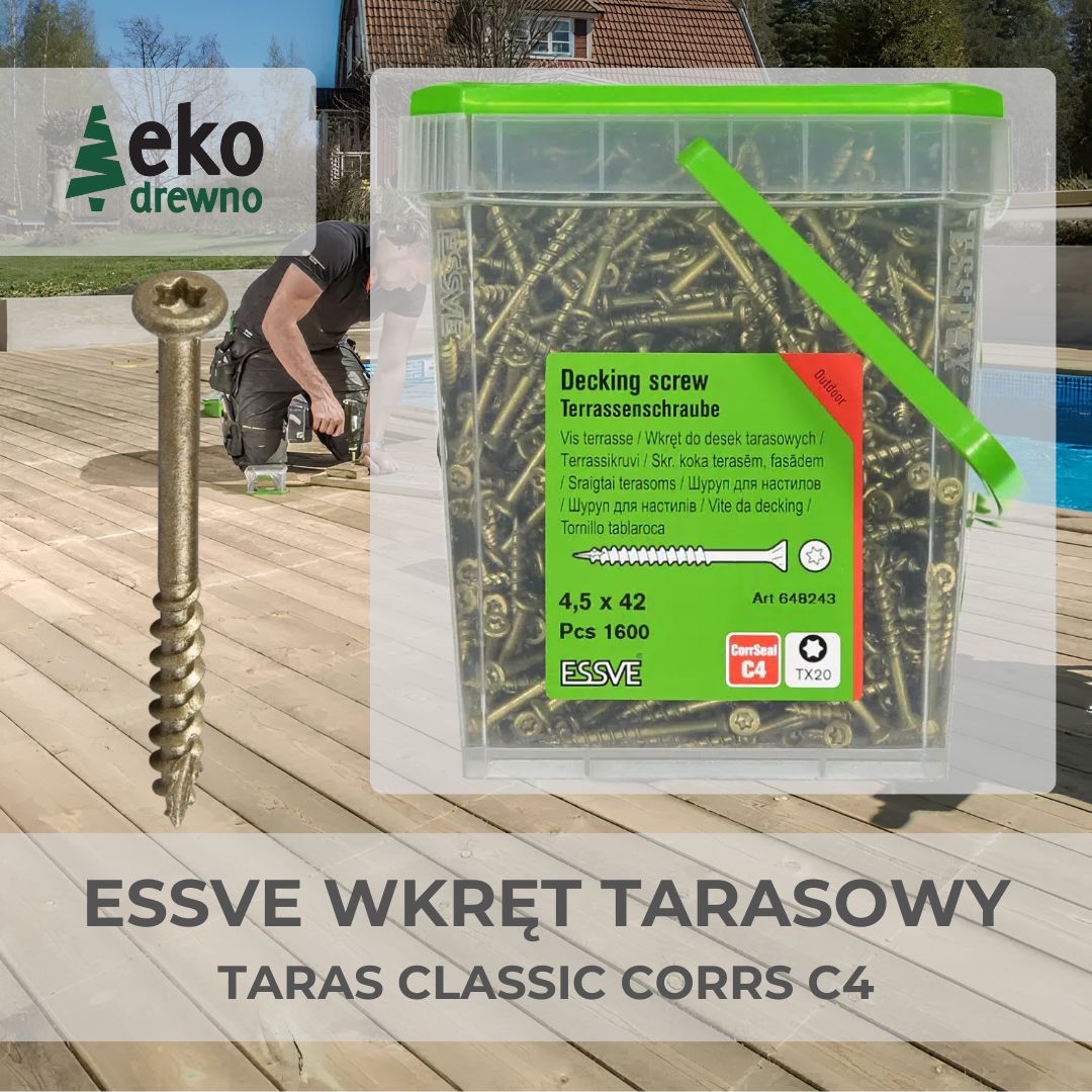 ESSVE wkręt do drewna ze stali C4 do deski tarasowej taras classic corrs stal C4 Corrseal wymiary 4,2x55 4,5x42 4,5x55 mm. Wkręt tarasowy. EKODREWNO Wrocław ESSVE wkręt do drewna ze stali C4 do deski tarasowej taras classic corrs stal C4 Corrseal wymiary 4,2x55 4,5x42 4,5x55 mm. Wkręt tarasowy. EKODREWNO Wrocław