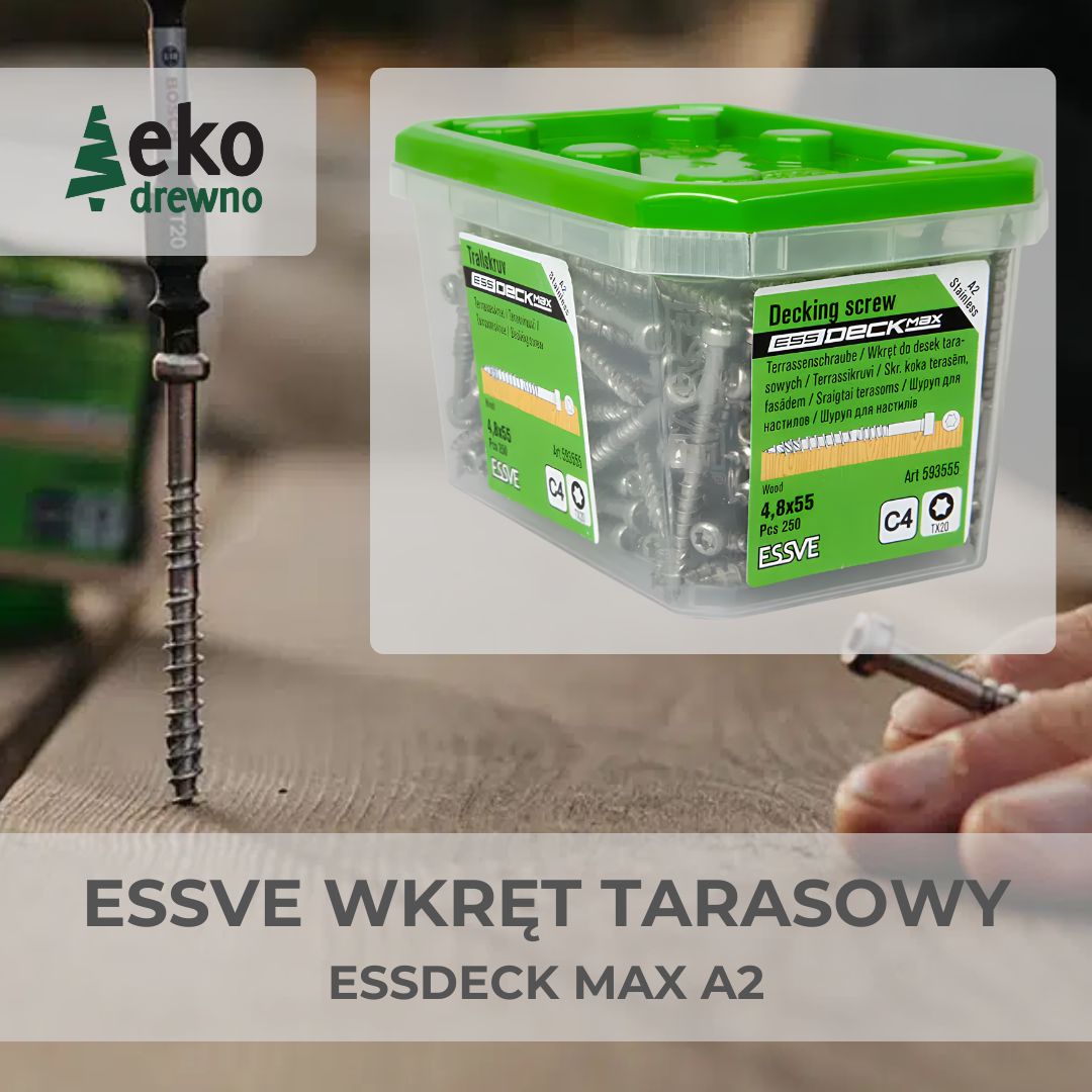 ESSVE wkręt tarasowy nierdzewka ESSDECKMAX ze stali nierdzewnej A2 wkręt do deski tarasowej ESSDECK MAX wymiar 4,8x55 mm. EKODREWNO Wrocław ESSVE wkręt tarasowy nierdzewka ESSDECKMAX ze stali nierdzewnej A2 wkręt do deski tarasowej ESSDECK MAX wymiar 4,8x55 mm. EKODREWNO Wrocław