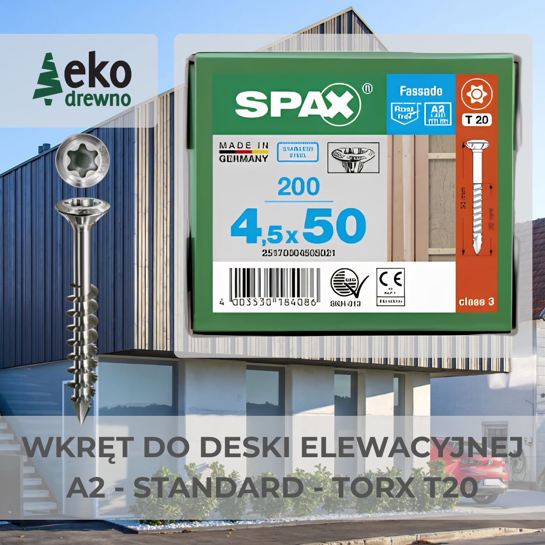 SPAX wkręt do deski fasadowej stal nierdzewna A2 łeb standard TORX T20 gwint niepełny 4,5x35 4,5x40 4,5x45 4,5x50 4,5x60 4,5x70 5x80 mm EKODREWNO Wrocław SPAX wkręt do deski fasadowej stal nierdzewna A2 łeb standard TORX T20 gwint niepełny 4,5x35 4,5x40 4,5x45 4,5x50 4,5x60 4,5x70 5x80 mm EKODREWNO Wrocław