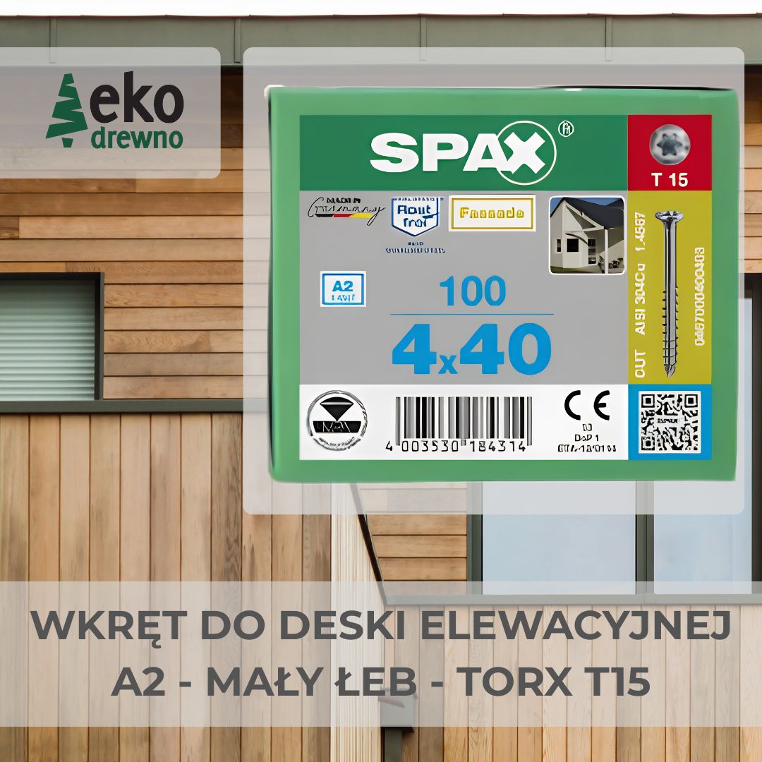 SPAX wkręt do deski fasadowej stal nierdzewna A2 mała główka mały łeb TORX T15 niewidoczny montaż w pióro 4x40 4x45 mm EKODREWNO Wrocław SPAX wkręt do deski fasadowej stal nierdzewna A2 mała główka mały łeb TORX T15 niewidoczny montaż w pióro 4x40 4x45 mm EKODREWNO Wrocław