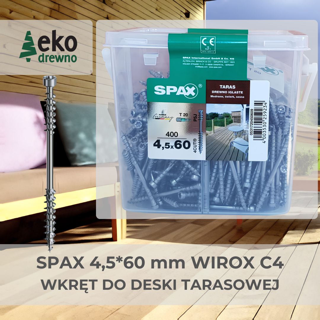 Spax C4 WIROX 4,5x60 mm TORX T20. Tani i dobry wkręt do deski tarasowej ze stali C4 do sosny, modrzewia, świerka, daglezji, termososny. Wkręt tarasowy SPAX. EKODREWNO Wrocław Spax C4 WIROX 4,5x60 mm TORX T20. Tani i dobry wkręt do deski tarasowej ze stali C4 do sosny, modrzewia, świerka, daglezji, termososny. Wkręt tarasowy SPAX. EKODREWNO Wrocław